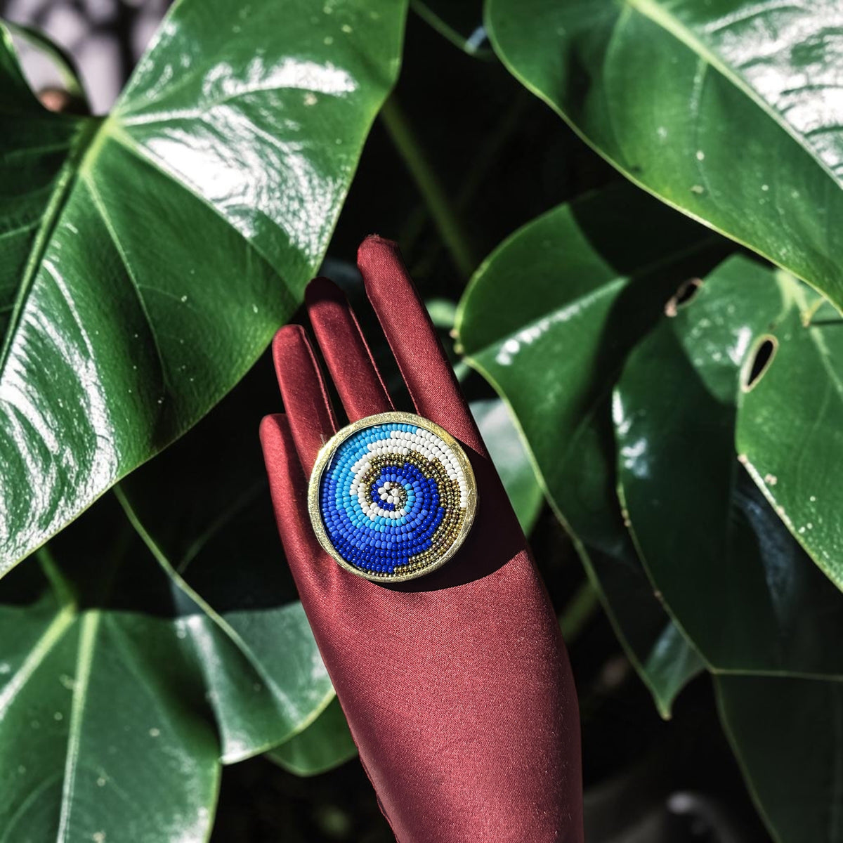 The Depth of the Ocean Beaded Brass Ring — Blue and White