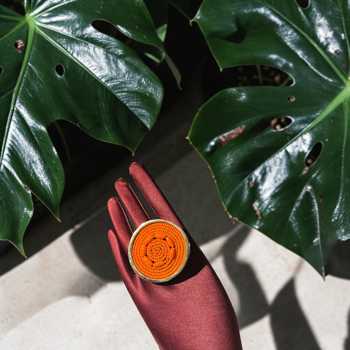 The Warmth of the Sun Beaded Brass Ring — Orange