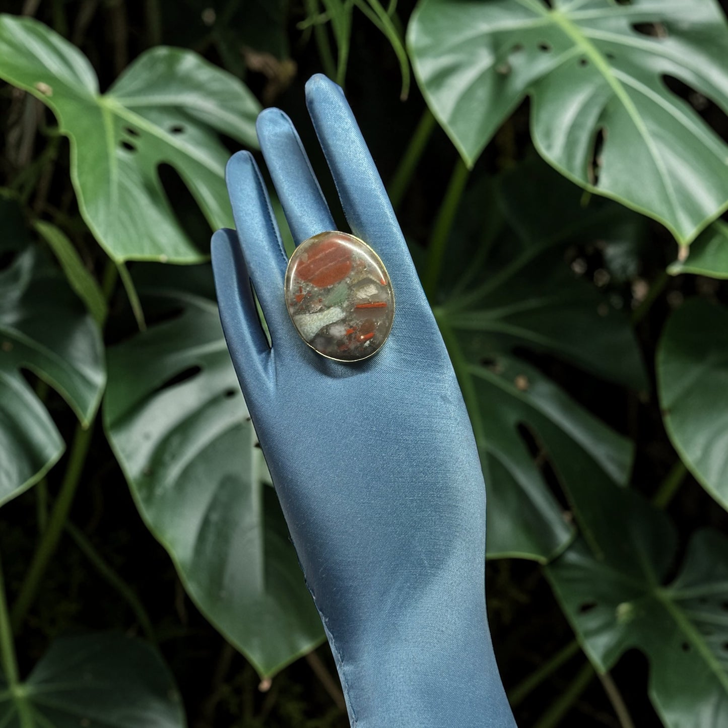 African Bloodstone Brass Ring – Oval