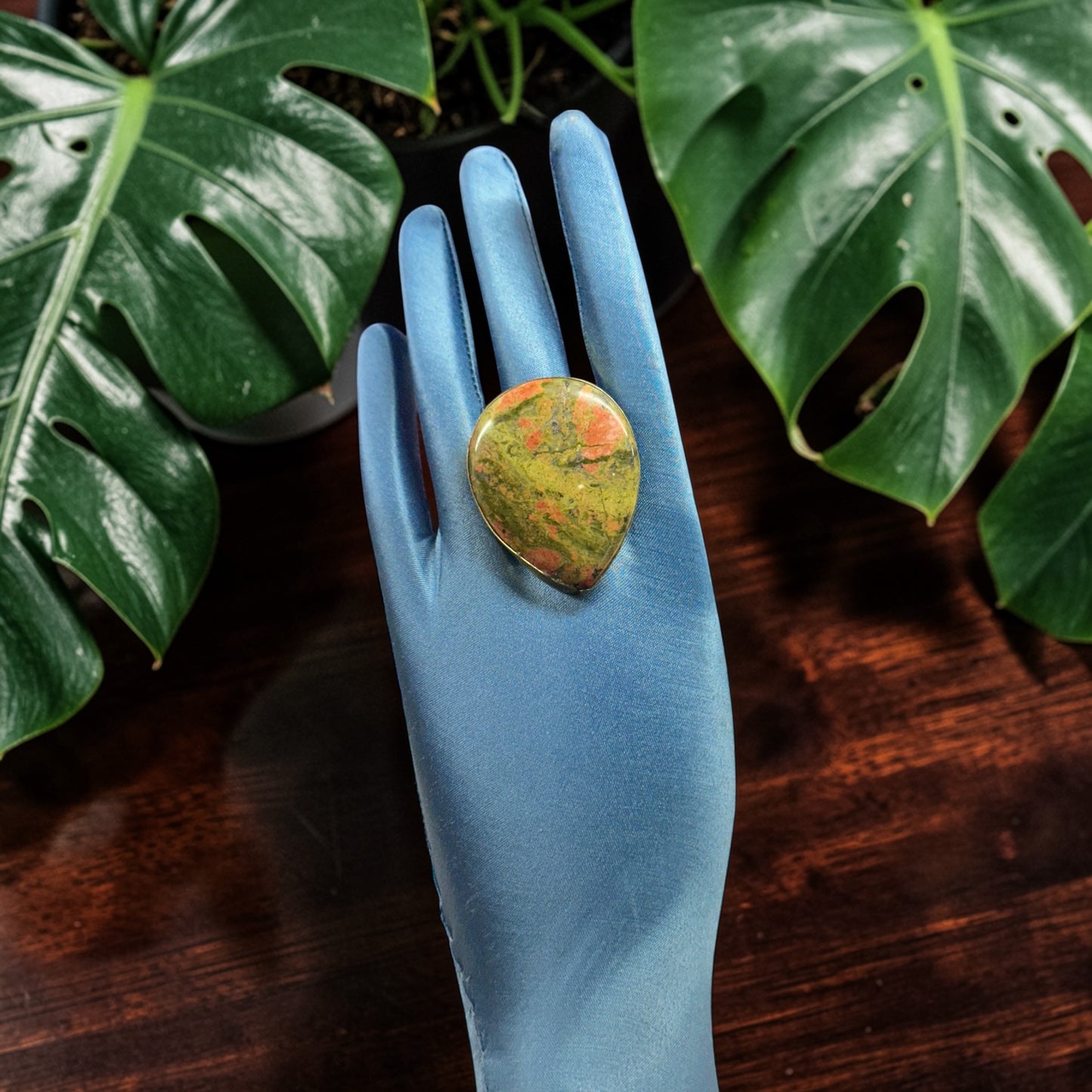 Unakite Brass Ring – Teardrop