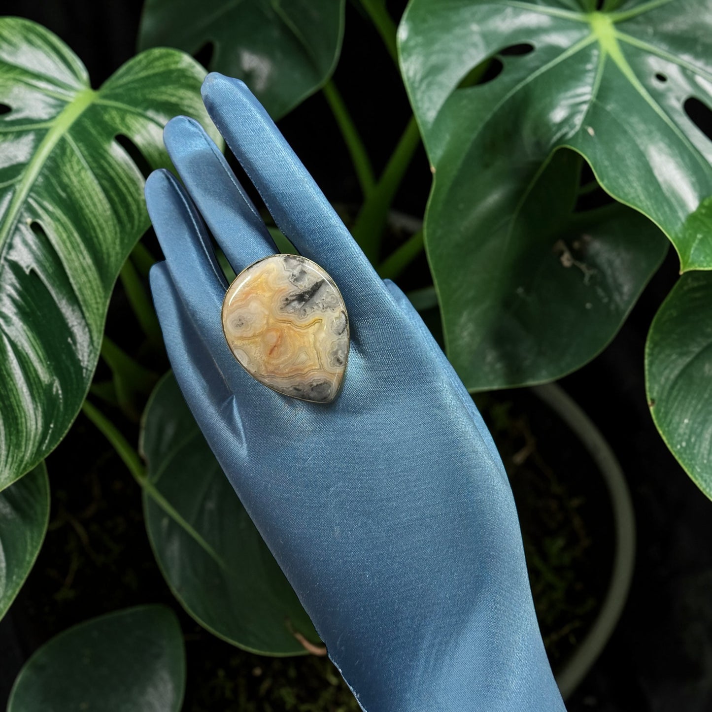 Crazy Lace Agate Brass Ring – Teardrop