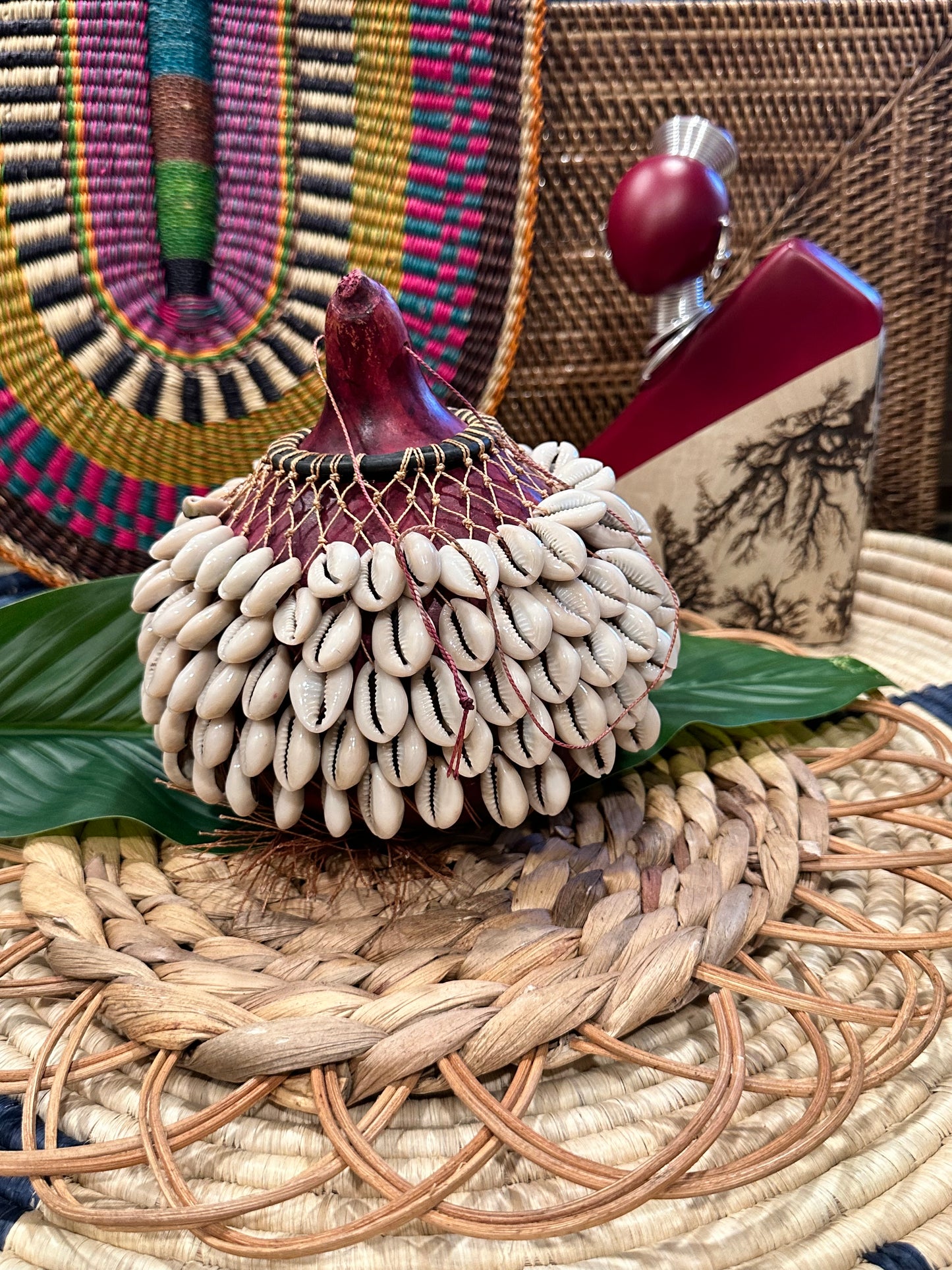 Maroon Cowrie Shell Gourd Shekere