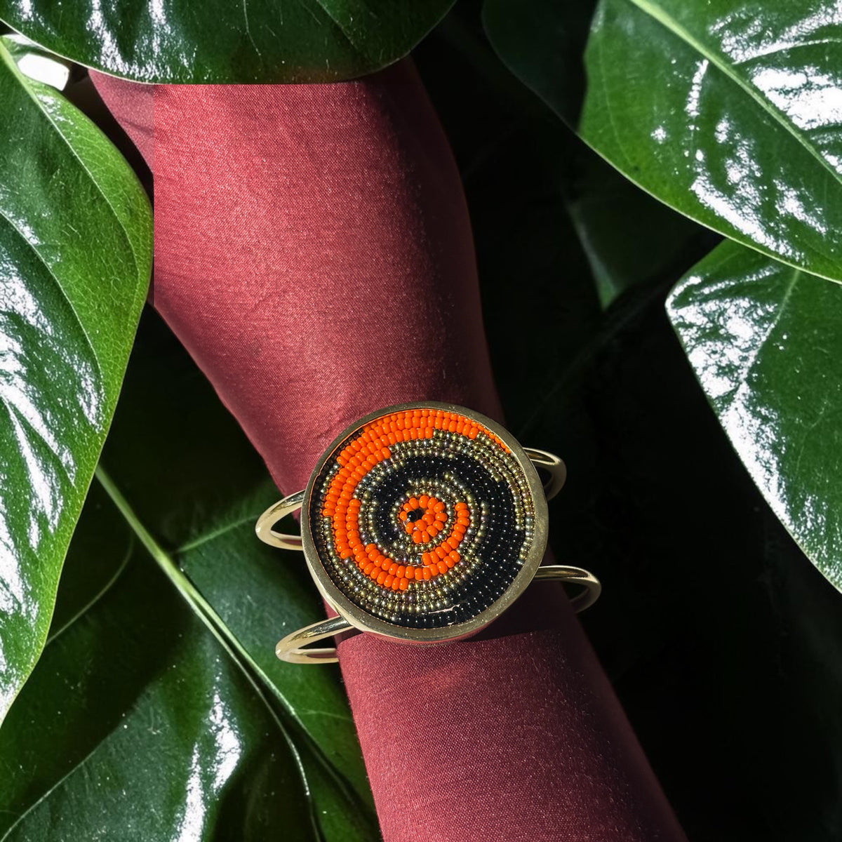 The Art of Becoming Beaded Brass Cuff — Black and Orange
