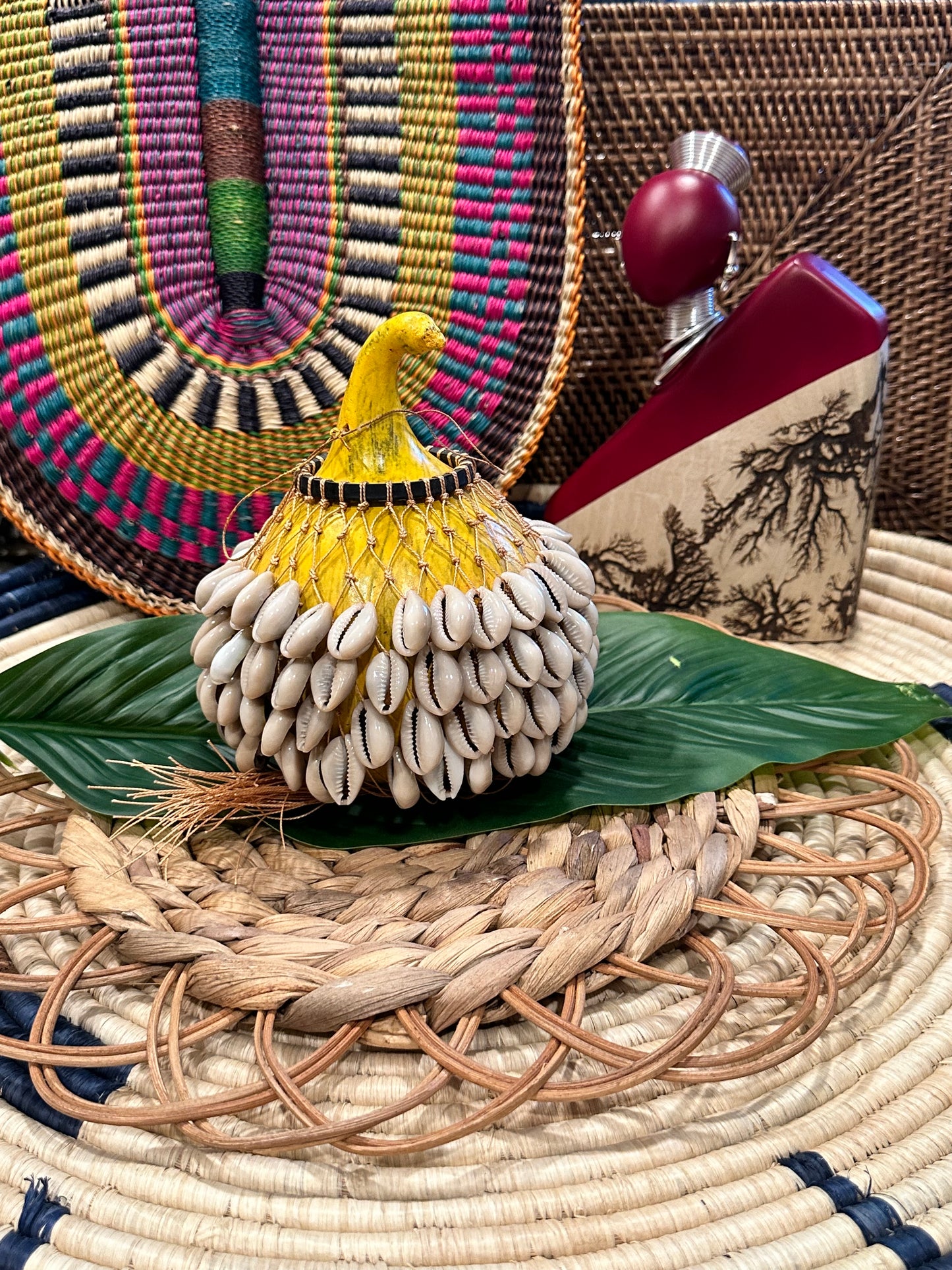 Yellow Cowrie Shell Gourd Shekere (Medium)