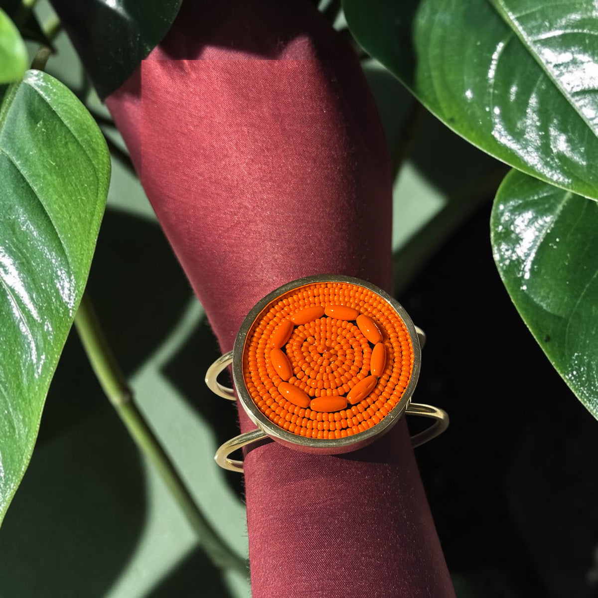 The Warmth of the Sun Beaded Brass Cuff — Orange