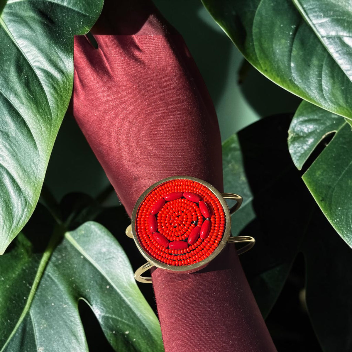 The Fire Within Beaded Brass Cuff — Red