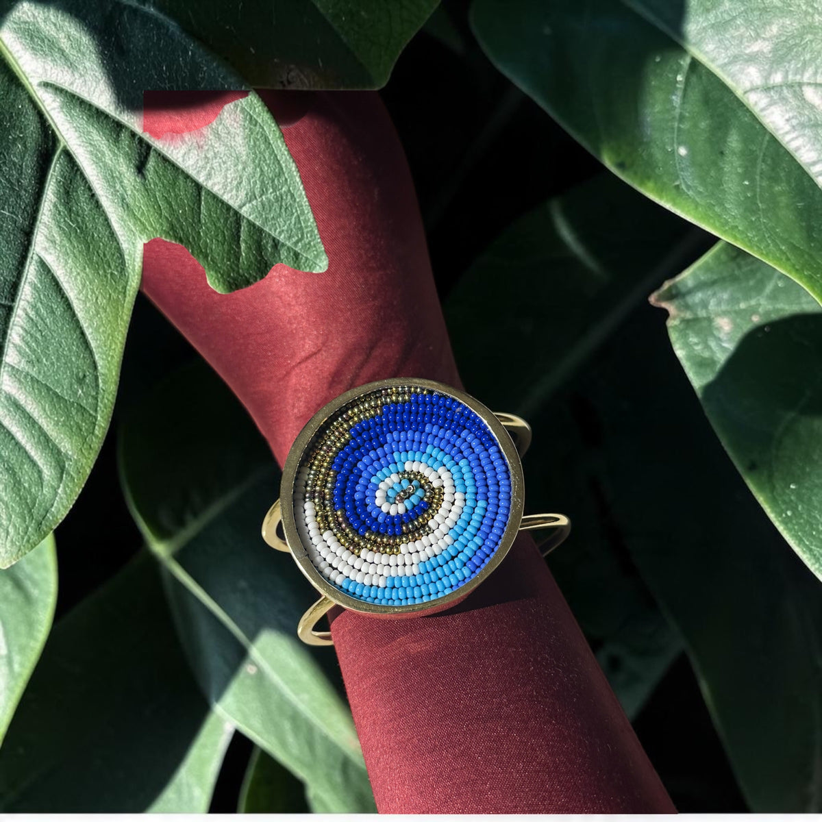 The Depth of the Ocean Beaded Brass Cuff — Blue and White