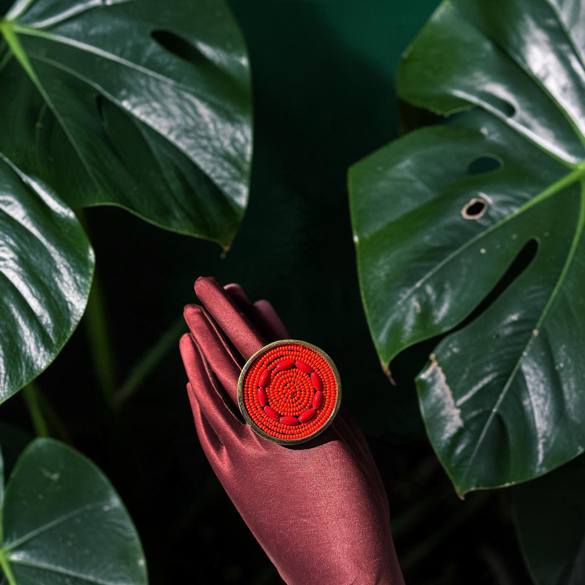 The Fire Within Beaded Brass Ring — Red