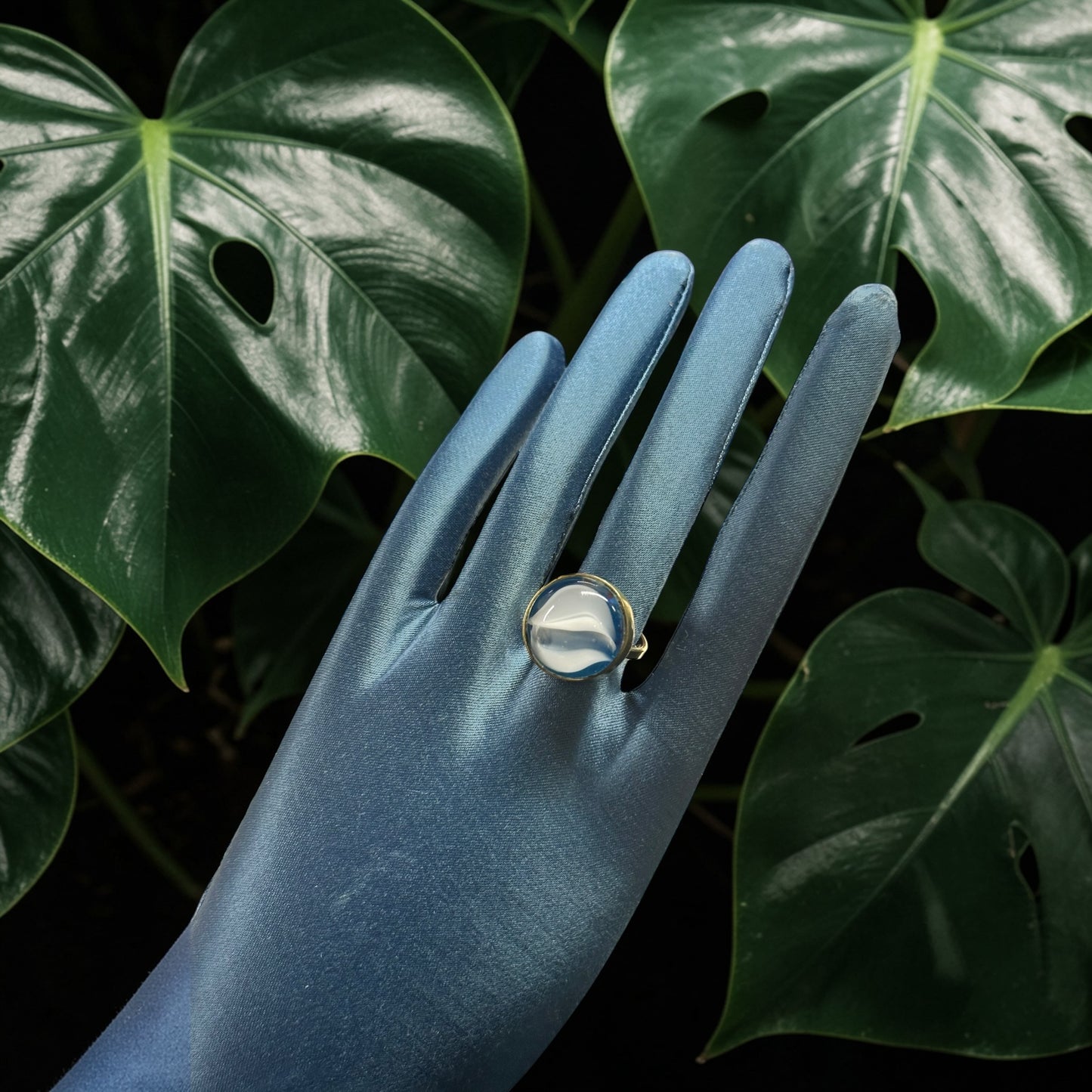 Blue Bloom Glass Brass Ring