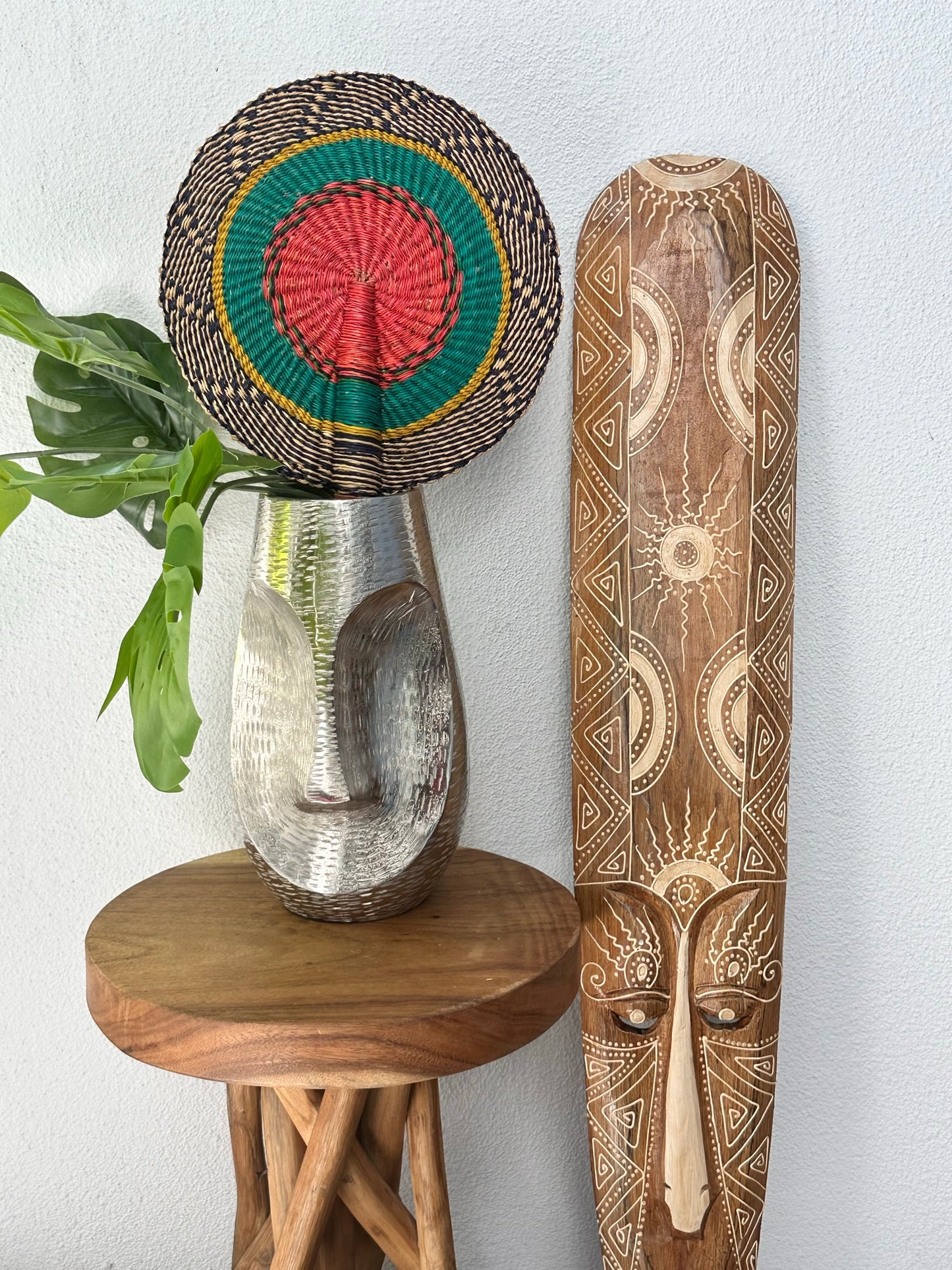 Natural Teal Coral Circle Woven Fan