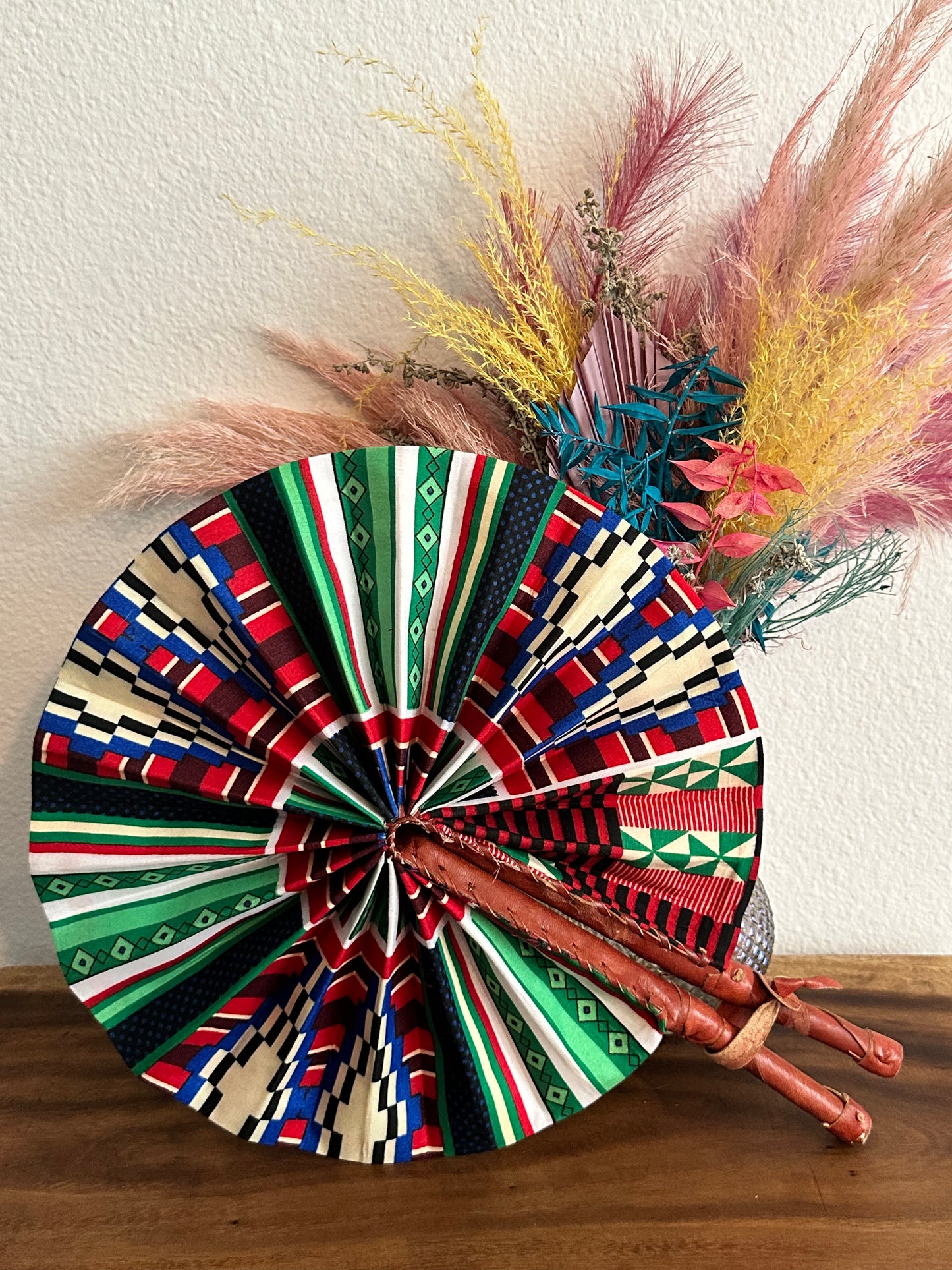 Red Green Ankara Folding Fan (Double Sided)