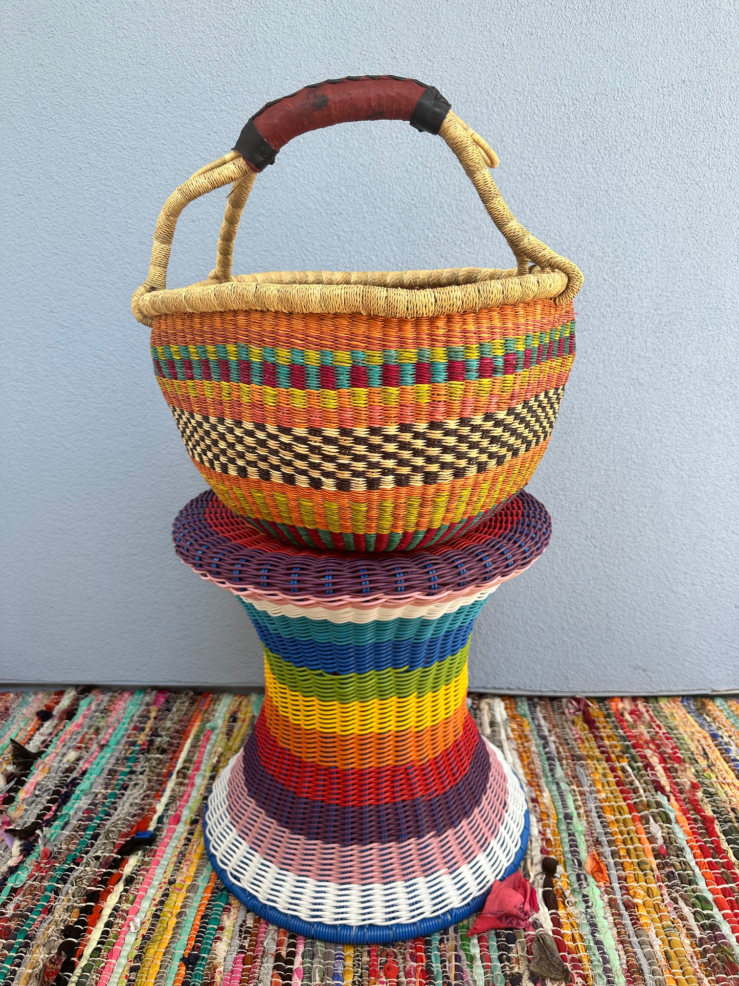 Orange Blue Round Bolga Basket
