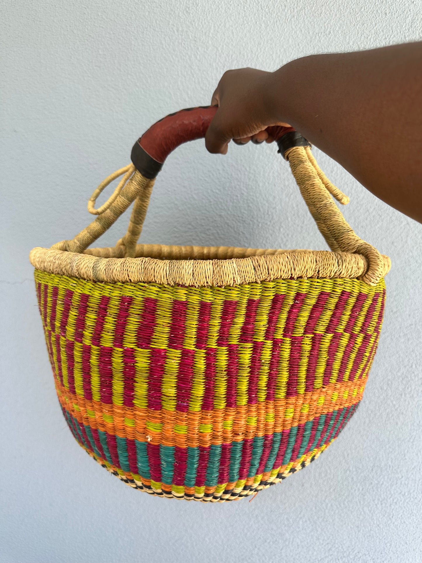 Pink Green Round Bolga Basket