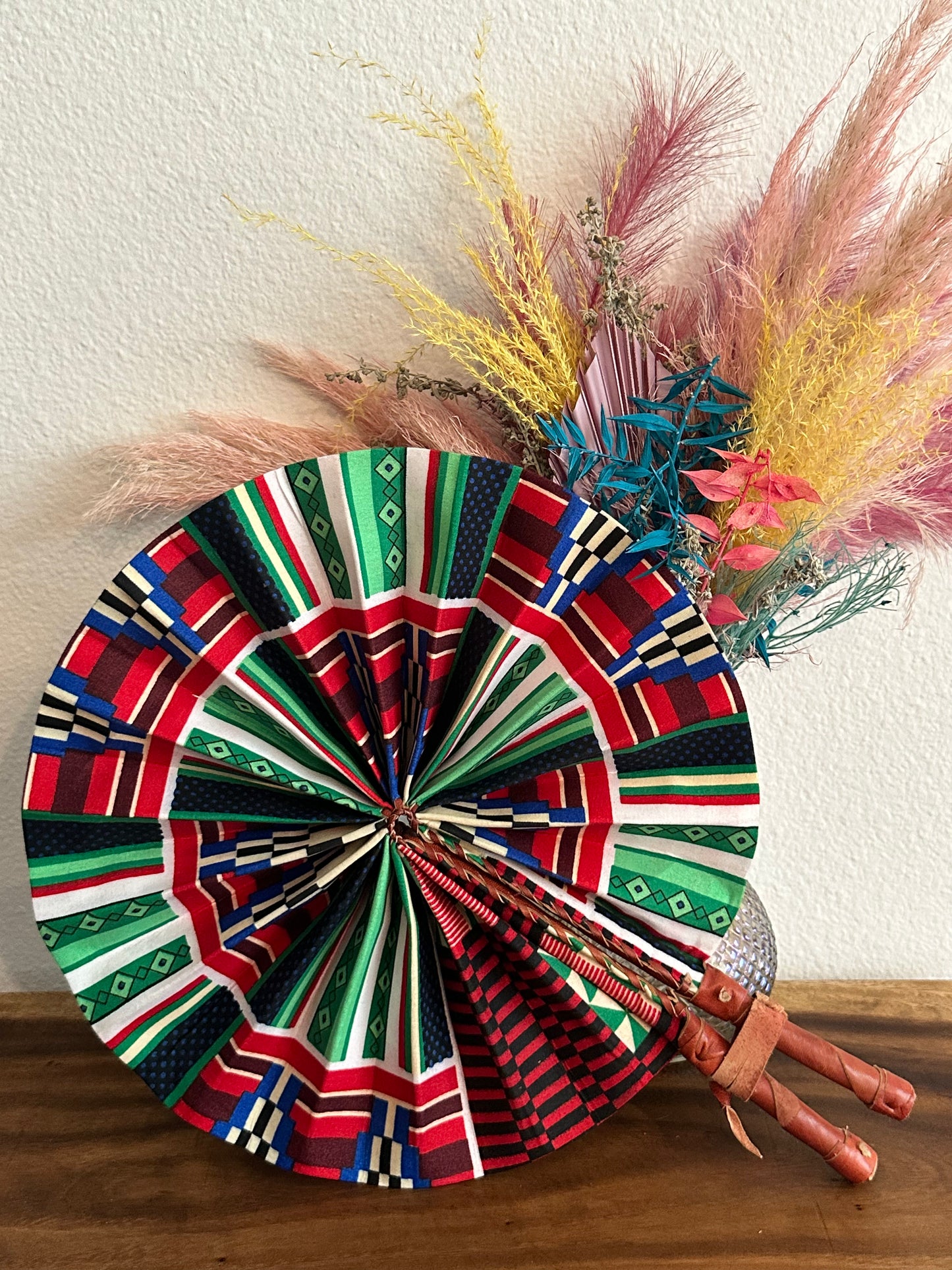 Red Green Ankara Folding Fan (Double Sided)