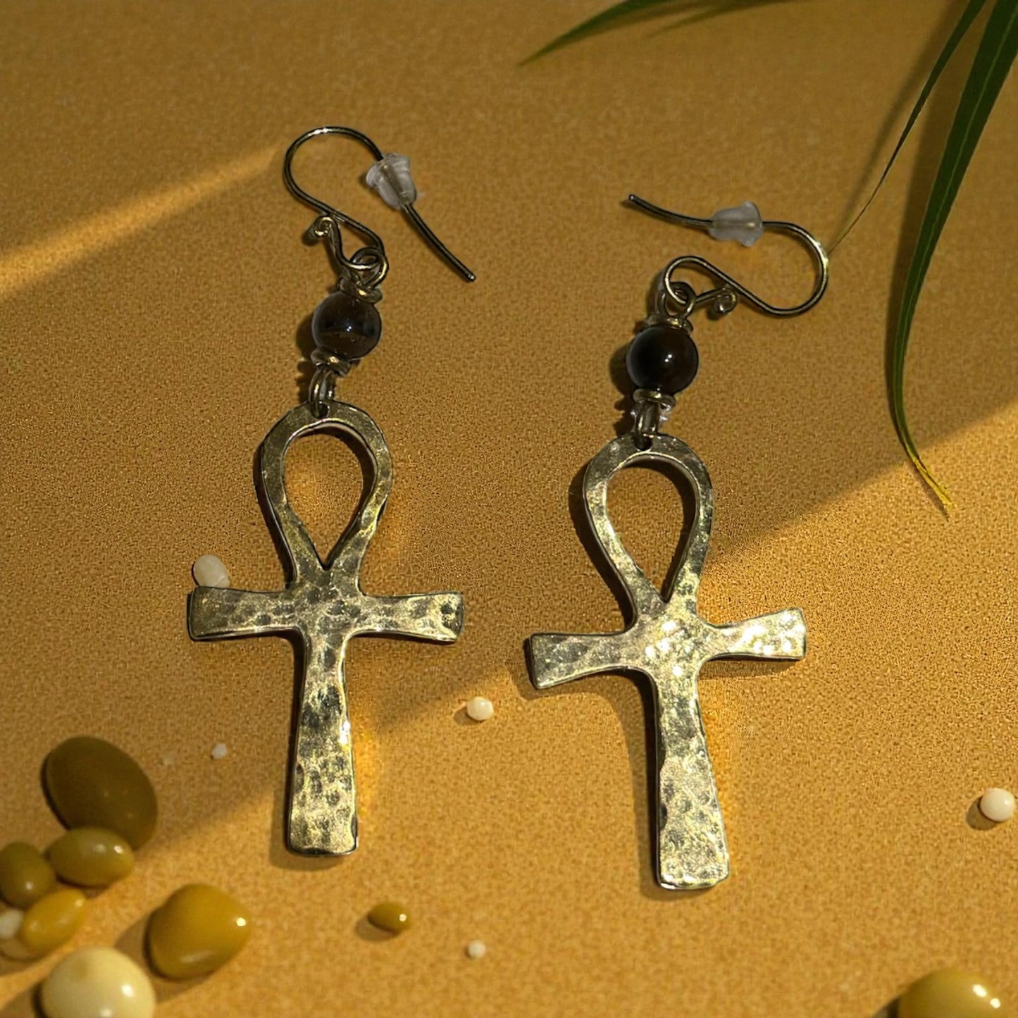 “Eternal Light” Ankh Earrings — Brown Bead