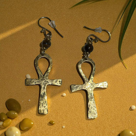 “Eternal Light” Ankh Earrings — Brown Bead