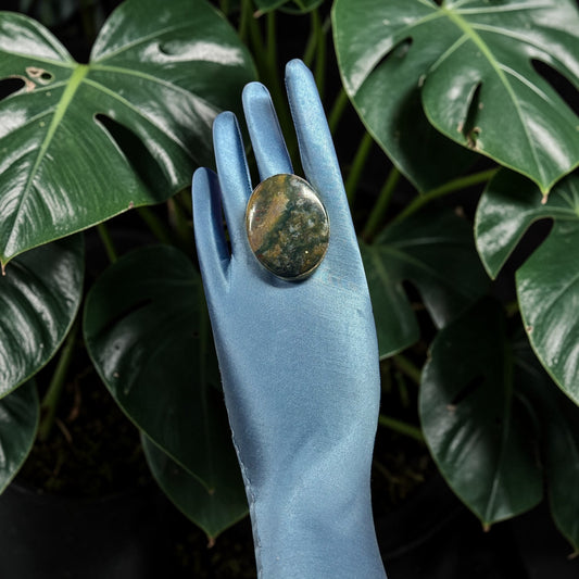 Moss Agate Brass Ring – Oval