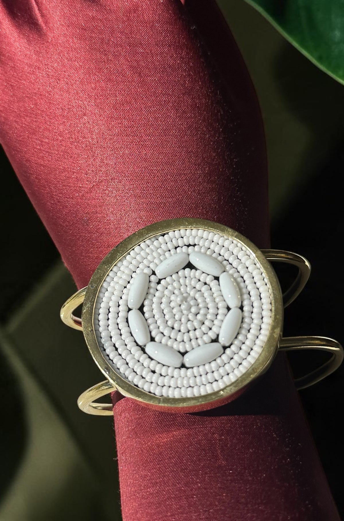 The Beauty of Stillness Beaded Brass Cuff — White