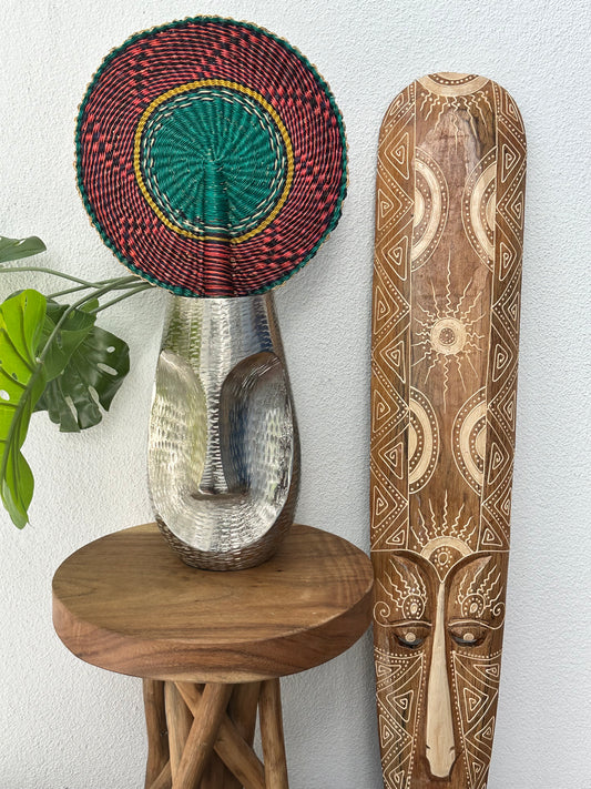 Teal Coral Circle Woven Fan (No Handle)