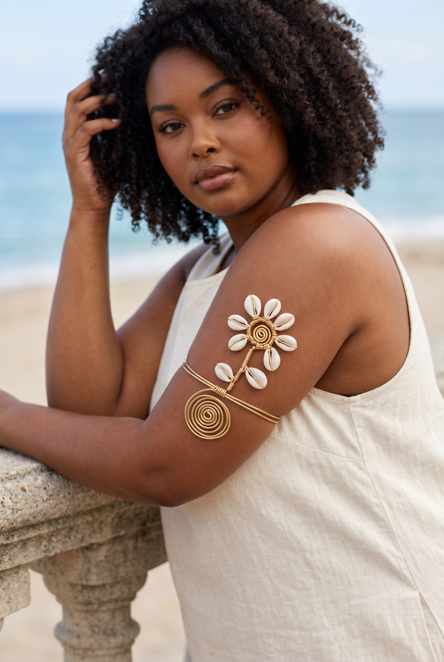🌼 Cowrie Sunflower Arm Cuff