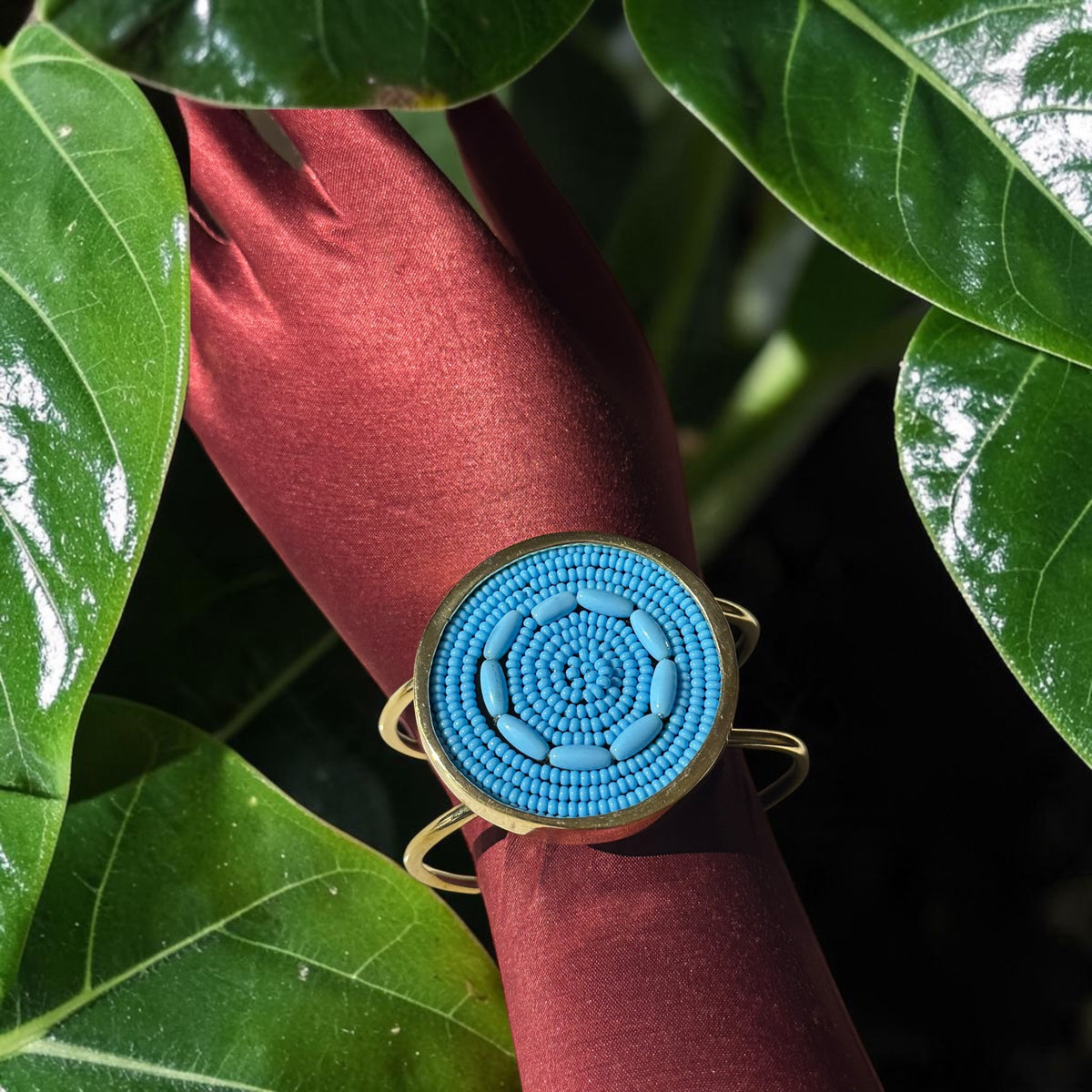 The Peace I Carry Beaded Brass Cuff — Sky Blue