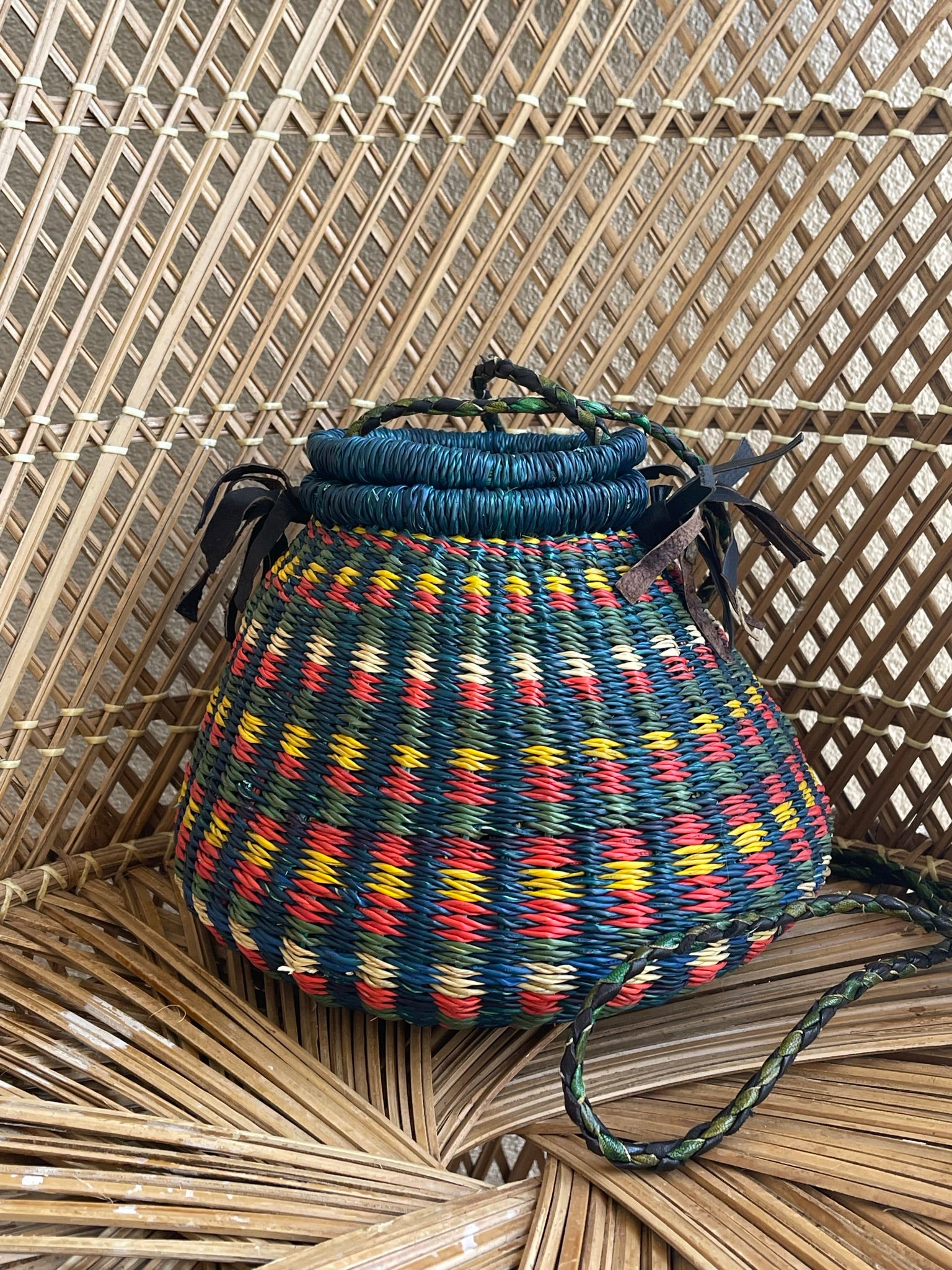 Blue Multi Colorful Ghanaian Bolga Pot Bag