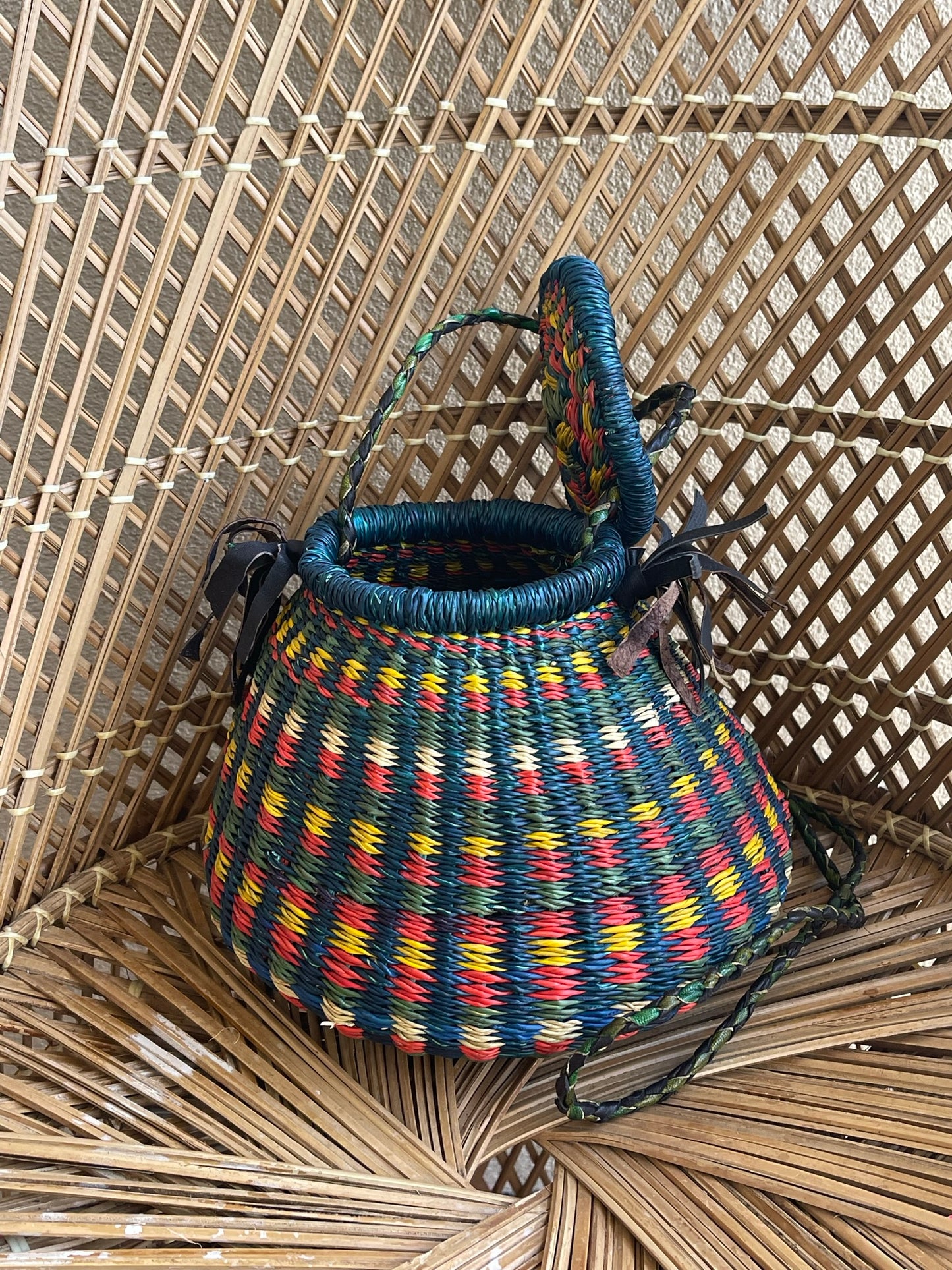 Blue Multi Colorful Ghanaian Bolga Pot Bag