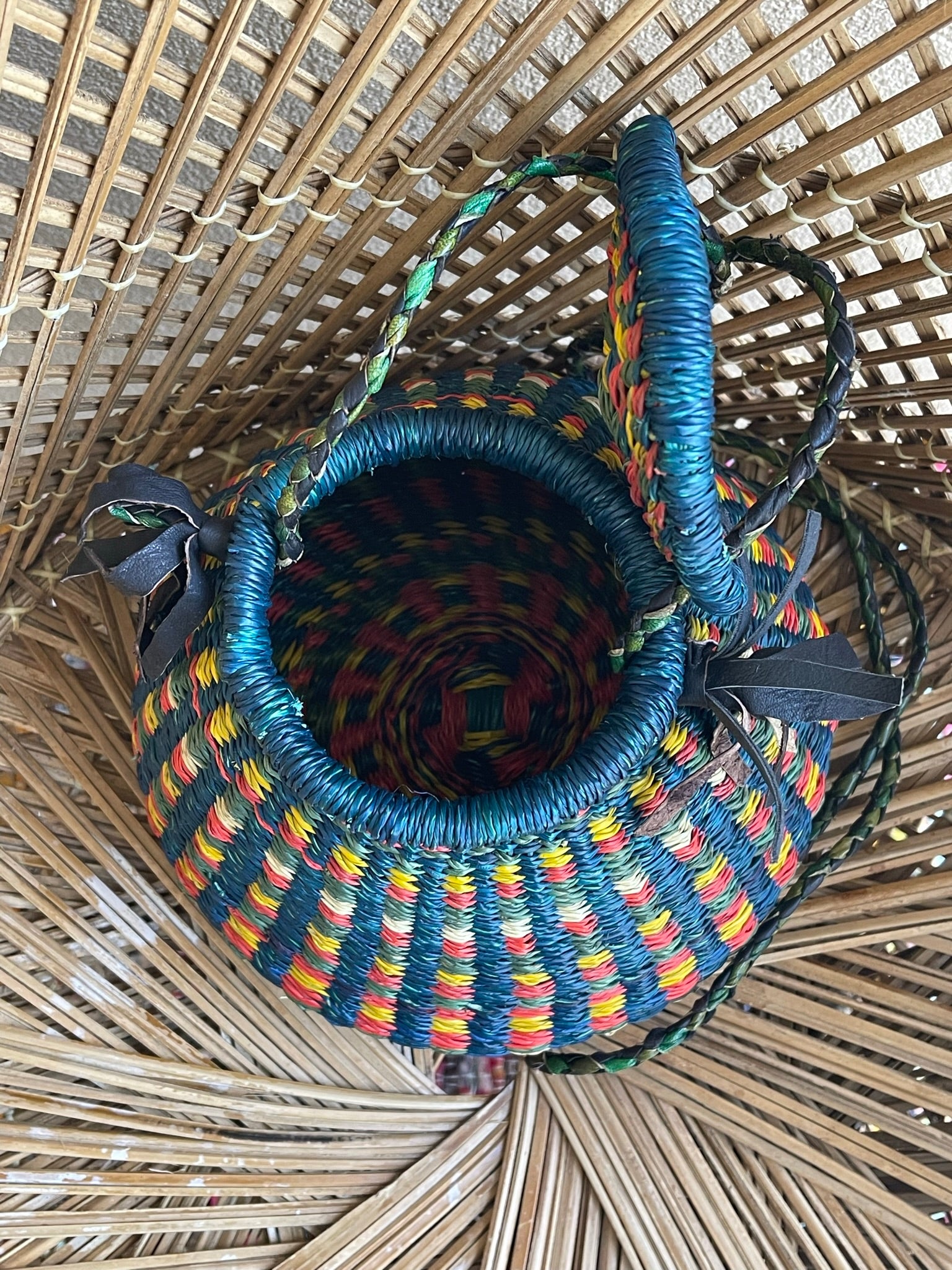 Blue Multi Colorful Ghanaian Bolga Pot Bag