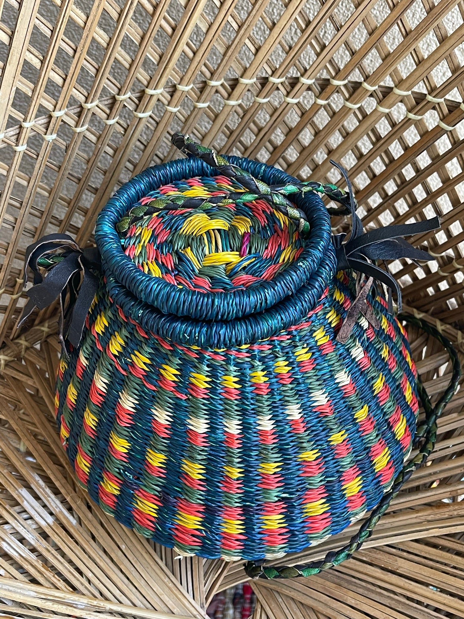 Blue Multi Colorful Ghanaian Bolga Pot Bag
