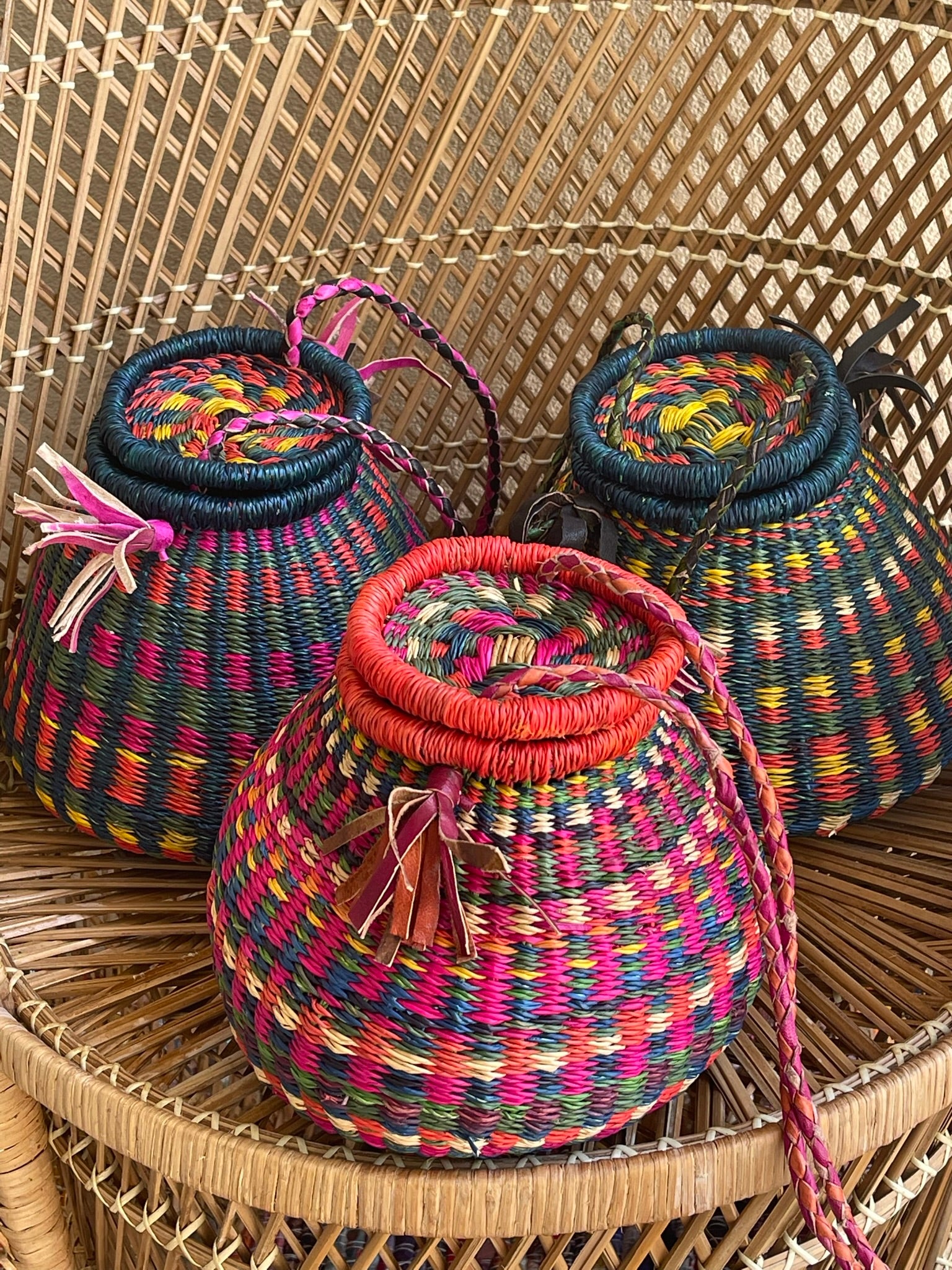 Blue Multi Colorful Ghanaian Bolga Pot Bag