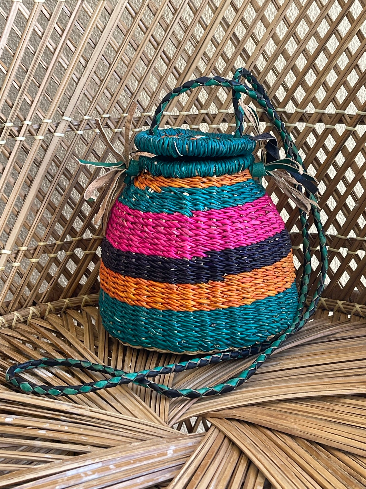 Pink Turquoise Ghanaian Bolga Pot Bag