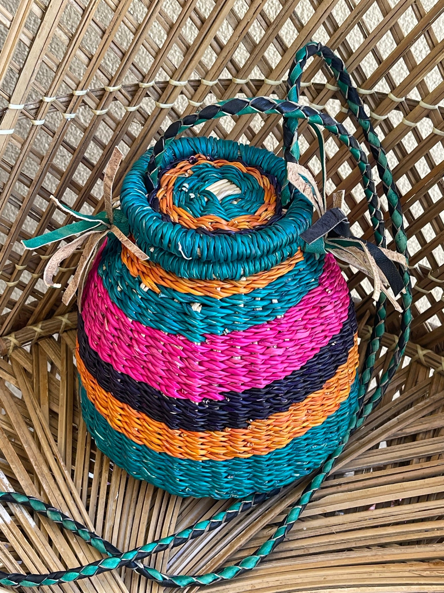 Pink Turquoise Ghanaian Bolga Pot Bag
