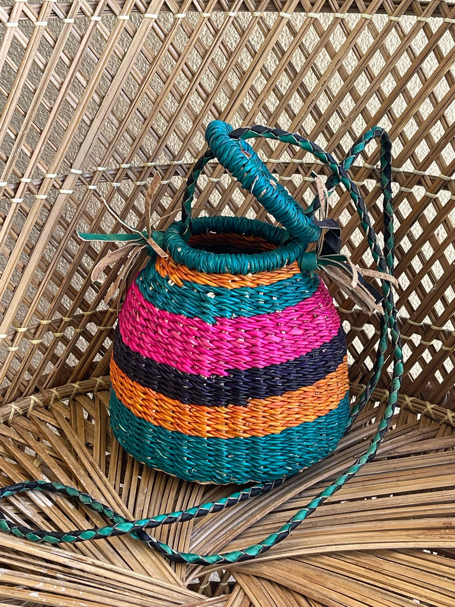 Pink Turquoise Ghanaian Bolga Pot Bag
