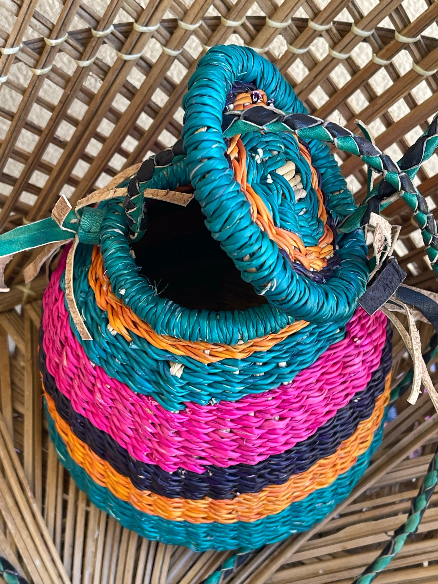 Pink Turquoise Ghanaian Bolga Pot Bag