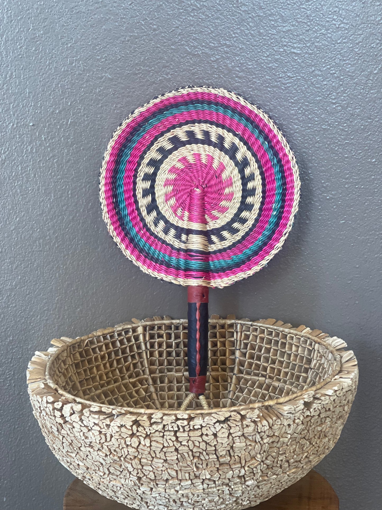 Pink Blue Natural Circle Woven Fan