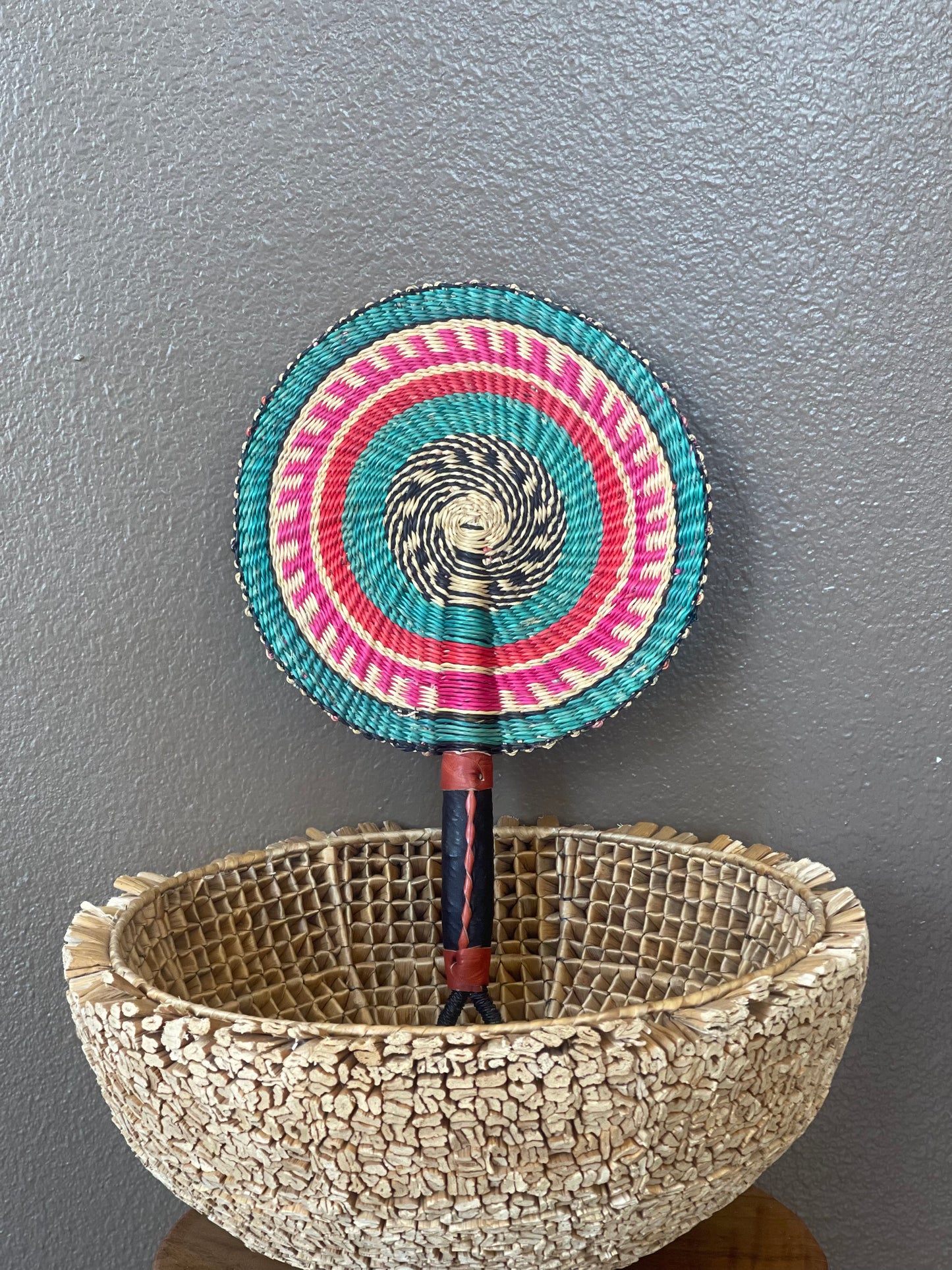 Turquoise Pink Circle Woven Fan
