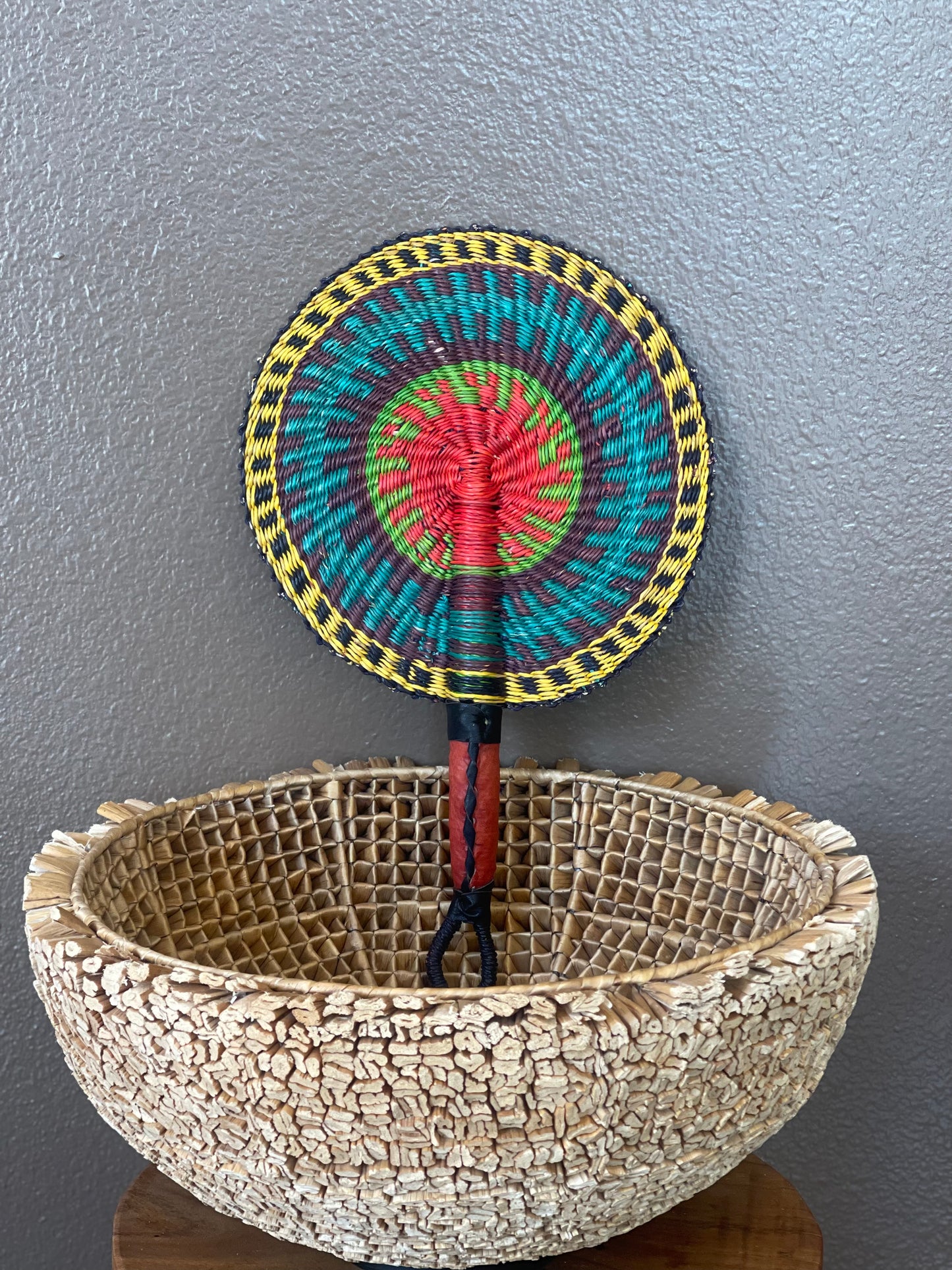 Teal Green Red Circle Woven Fan